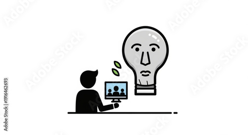 Businessman having an idea while working on computer with video conference call on screen and light bulb above head