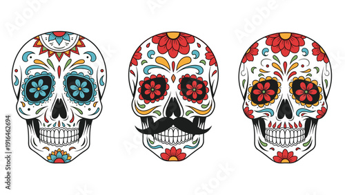Trio of decorative mexican sugar skulls for day of the dead features vibrant colors floral patterns and traditional ornaments including a mustache.