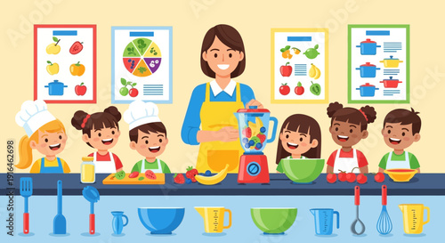 Enthusiastic teacher and children cooking together in a classroom setting.