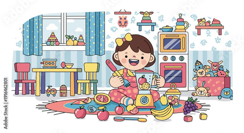 Girl playing with toy blender and fruits in a room.