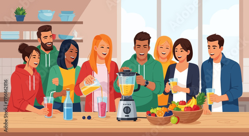 Group of friends making smoothies together in a kitchen.