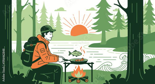 Man Cooking Fish Outdoors A Serene Camping Scene.