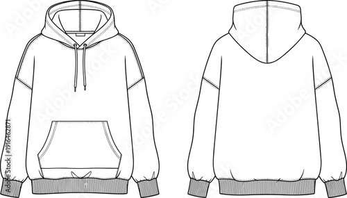 Blank Oversized Pullover Hoodie Technical Line Drawing Front and Back View, Minimal Sweatshirt Vector Template for Fashion Mockup