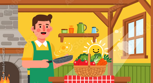 Man Cooking with Fresh Vegetables in a Sunny Kitchen.