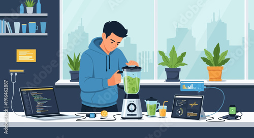 Man Making Green Smoothie with Blender and Laptop.
