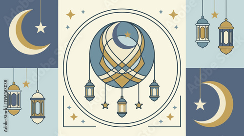 Modern Islamic celebration illustration with crescent moons, stars, and lanterns, presented in an elegant badge style perfect for Eid and Ramadan greetings