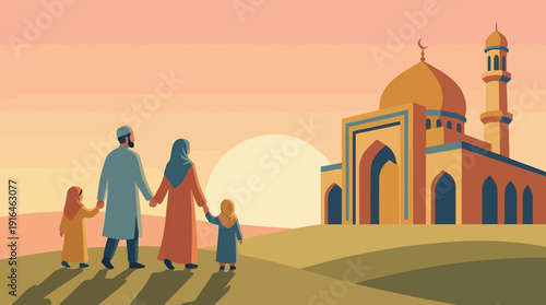 Muslim Family Journeying Towards a Mosque at Sunset, Illustrating Faith, Unity, and Cultural Harmony