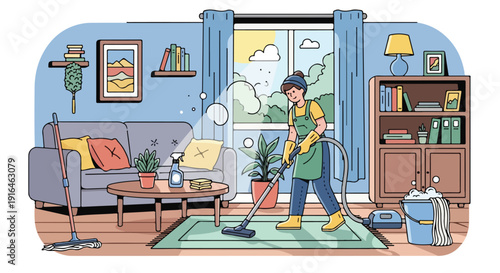 A person in an apron and gloves is diligently vacuuming a cozy living room, with sunlight streaming through the window and dust motes visible in the air.