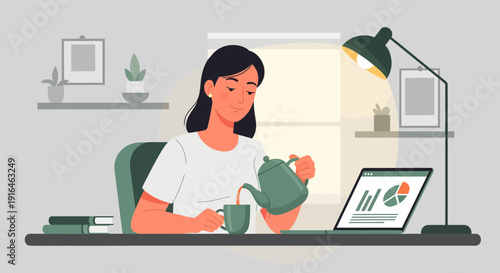 Woman pouring tea while working on laptop at desk.