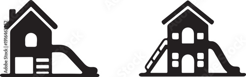 Black and white illustration of two playhouses each with slide