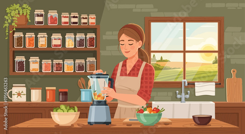 Woman Preparing Healthy Smoothie in Kitchen with Fresh Ingredients.