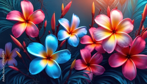 Bright plumeria flowers bloom with vibrant blue, pink, and yellow hues. Rich tropical leaves form a dark backdrop. Exotic floral arrangement suggests paradise and summer joy.
