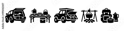 Overland expedition icons: suv, camping gear, and outdoor cooking
