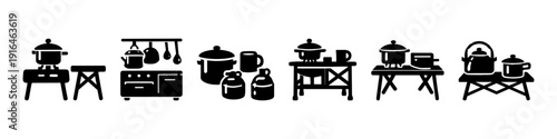 Camping cookware icons: pots, pans, and outdoor grills illustrated in black silhouette