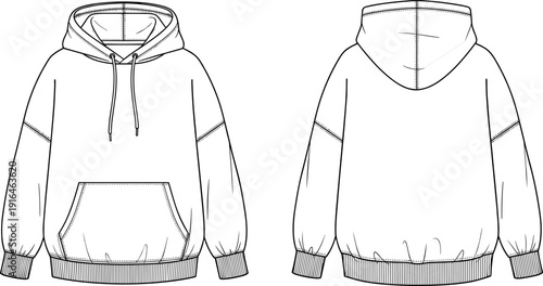 Modern Oversized Hoodie Technical Line Drawing Front and Back View, Blank Streetwear Sweatshirt Vector Template for Fashion Design Mockup