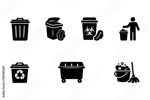 Waste management icons: recycling, hazardous and general trash, cleaning symbols