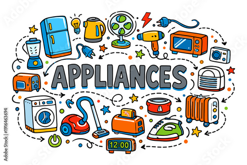Household appliances collection with colorful doodles of common electronic devices