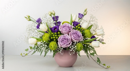 Fresh flower arrangement in pink vase with purple and green blooms  