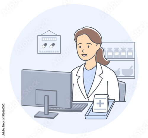 薬局のパソコンの前でオンライン服薬指導をする女性薬剤師