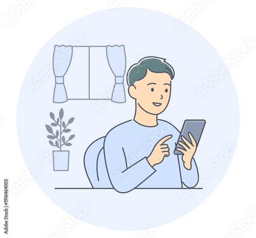 自宅でスマホを操作して医療サービスを受けようとする若い男性