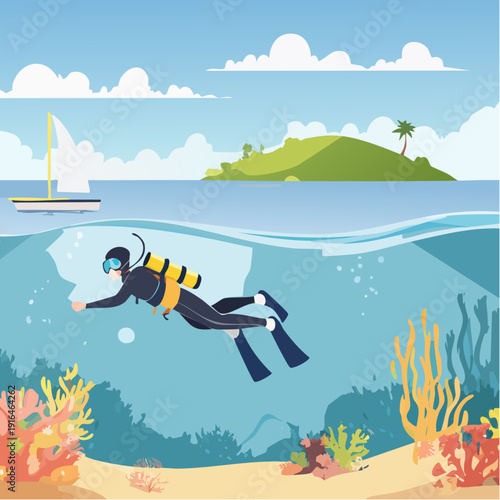 Scuba Diver Exploring Coral Reef Underwater with Tropical Island and Sailboat – Split View Ocean Illustration