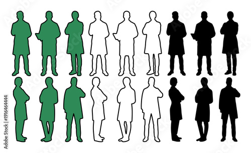 Diverse silhouettes of people in lab coats, representing scientific research and healthcare professionals.