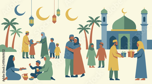 Islamic community celebrating festive occasions together, enjoying traditions and family gatherings