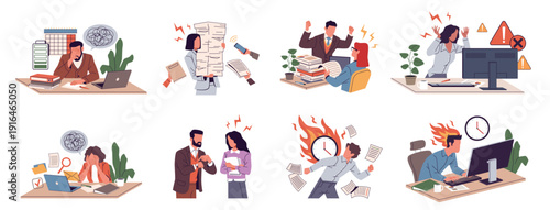 Stressed office staff. Employees at work, tired, burnt out people, deadline and conflict situation, documents confusion, paperwork piles, management pressure nowaday vector cartoon flat set