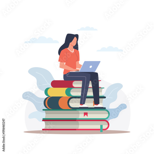 Self education. Woman with laptop sits on books stack and studies, person learning, online library or book shop. Young people using computer. Freelancer worker. Vector cartoon concept