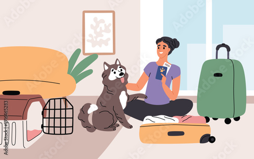 Responsible owner travel with pet. Woman prepares to transport dog, veterinary passport, animal carrier, large breed, girl packing luggage, garish vector cartoon isolated tourism concept