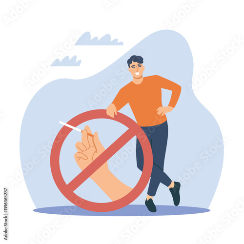 Prohibition of smoking. Guy who quit smoking, free zone, giving up bad habit, tobacco refusal, hand holding cigarette crossed by warning ban symbol, vector cartoon isolated concept