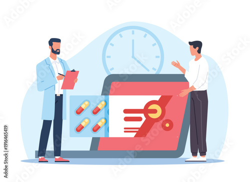 Online prescription system. Virtual pharmacy, doctor consulting, gives remote prescription to patient, digital medication management, dosage scheduling vector cartoon concept