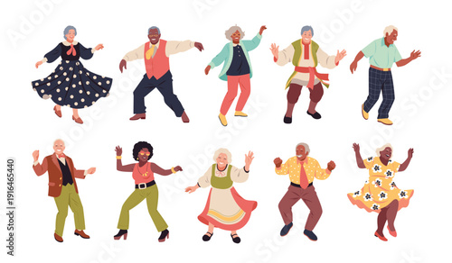 Old people dancing. Senior dancers characters, funny elderly men and women expressive poses, active pensioners, grandparents music party, choreography class tidy vector cartoon isolated set