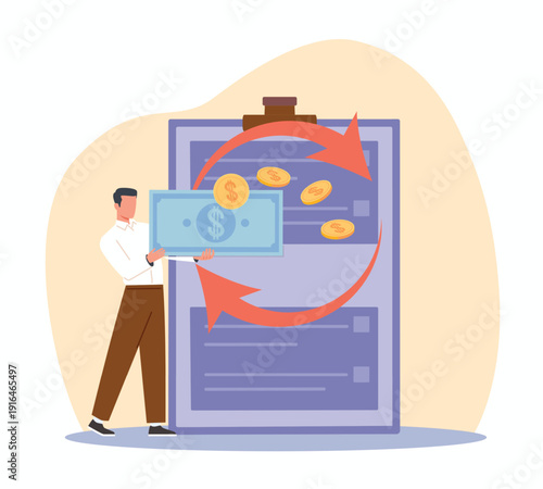 Money transfers. Direct financing, sending money over Internet, financial transaction, bank payment processing, refund and recurring billing document vector cartoon isolated payout concept