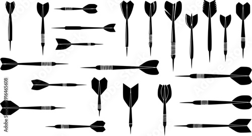 Vector illustration of various dart silhouettes with different flight shapes, black throwing darts icons for sports, game, competition, accuracy, target design