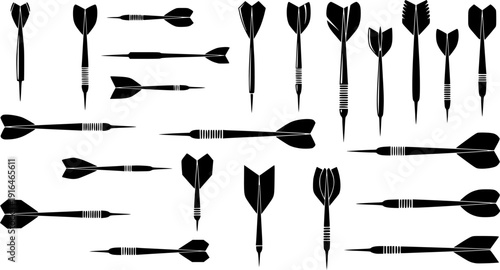 Vector illustration of various dart silhouettes with different flight shapes, black throwing darts icons for sports, game, competition, accuracy, target design