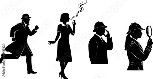 Detective silhouette vector set with man running, woman smoking, person using phone, female investigator with magnifying glass, mystery crime illustration design