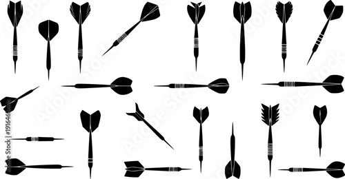 Vector illustration of various dart silhouettes with different flight shapes, black throwing darts icons for sports, game, competition, accuracy, target design