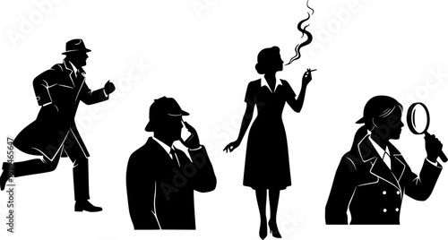 Detective silhouette vector set with man running, woman smoking, person using phone, female investigator with magnifying glass, mystery crime illustration design
