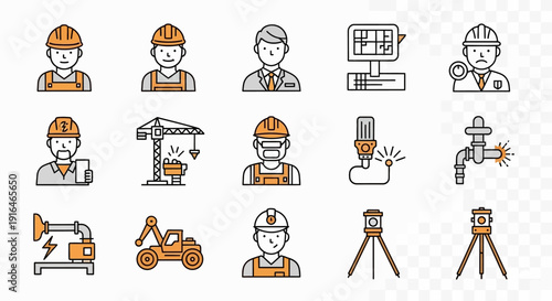 A set of flat line icons depicting various construction workers, engineers, industrial equipment, and surveying tools, illustrating the diverse aspects of the building and engineering industry.