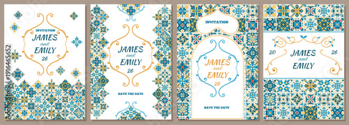Mediterranean tiles wedding cards. Ceramic majolica style invitations design, portuguese or spanish azulejo ornaments, vertical posters, flyer or cover splendid vector flat style isolated set