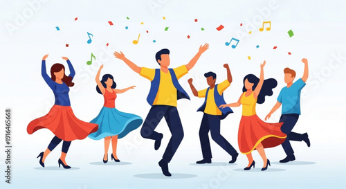 Vibrant cartoon people dancing together with music notes floating in the air colorful clothing joyful atmosphere lively celebration happy moments carefree dancing energetic