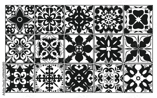 Mediterranean decorative tiles black icons. Portuguese mosaic square motifs, azulejos patterns, spanish ornaments silhouette, elegant background, splendid vector set