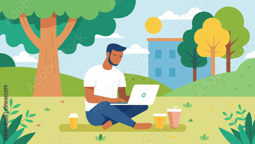 Man working on laptop under tree in backyard garden with lemonade and tools peaceful sunny day flat vector illustration