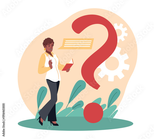 Frequently asked questions. Problem solving, crisis manager solves and answers question, decision support, woman with notebook, dialogue bubbles, faq sign vector cartoon isolated concept
