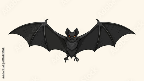 A black bat with outstretched wings and glowing eyes against a light background.