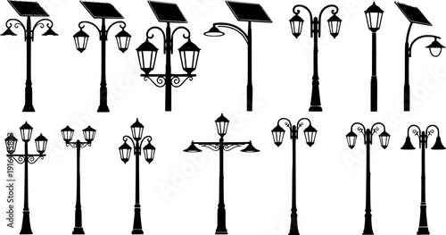 Vintage street lamp silhouettes set, ornate lamp post vector illustration, decorative outdoor lighting designs artwork, historical urban illumination concept, black and white architectural collection