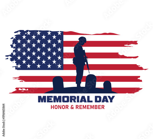 Memorial Day illustration featuring a silhouette of a soldier bowing his head in honor against a distressed American flag background.