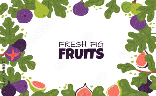 Figs frame poster design. Cartoon branches, leaves and purple, green fruits, decorative border, organic plant, natural food, horizontal banner template with copy space, garish vector concept