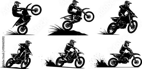 Dirt bike stunt silhouettes, motocross rider jumps, wheelie action sequence, extreme sport vector illustration set, biker lifestyle artwork, motorcycle graphic design elements